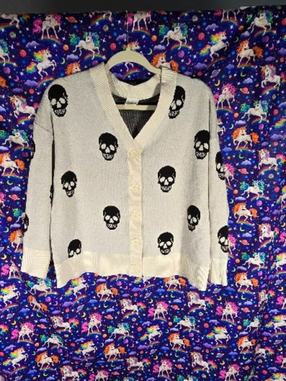 Nikka K Soft Skull Pattern V-Neck Knit Cardigan Sweater
